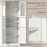 Armário de Casa de Banho Alto com Portas de Vidro Portas de Ripas e Prateleiras Ajustáveis 60x30x170 cm Branco