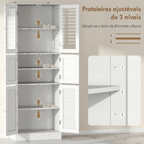 Armário de Casa de Banho Alto com Portas de Vidro Portas de Ripas e Prateleiras Ajustáveis 60x30x170 cm Branco