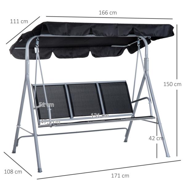 Baloiço de Jardim Exterior de 3 Lugares com Toldo Ajustável, Encosto Respirável e Estrutura Metálica para Terraço e Varanda, Suporta até 240 kg, 171x108x150 cm, Preto