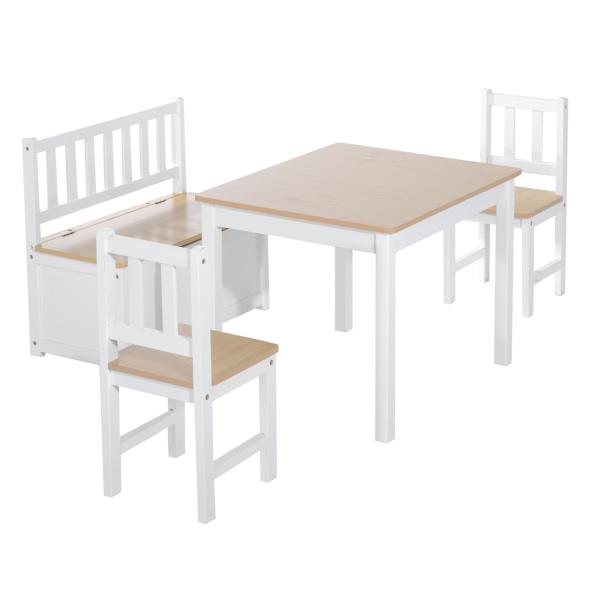 Conjunto Infantil de Mesa 2 Cadeiras e Banco com Armazenamento Móveis Infantil para Sala de Jogos Dormitório Branco e Natural
