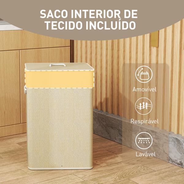 Cesto de Roupa com Tampa 72L Cesto de Roupa de Bambu com Bolsa Interior Removível e Alças 40x30x60 cm Bege e Creme