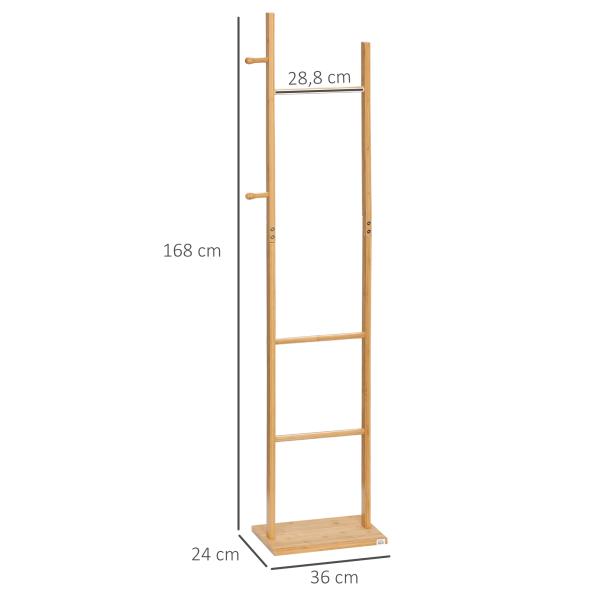 Cabide de Pé de Bambu com 2 Ganchos e 3 Barras Suspensas para Entrada Corredor Dormitório 36x24x168cm Madeira