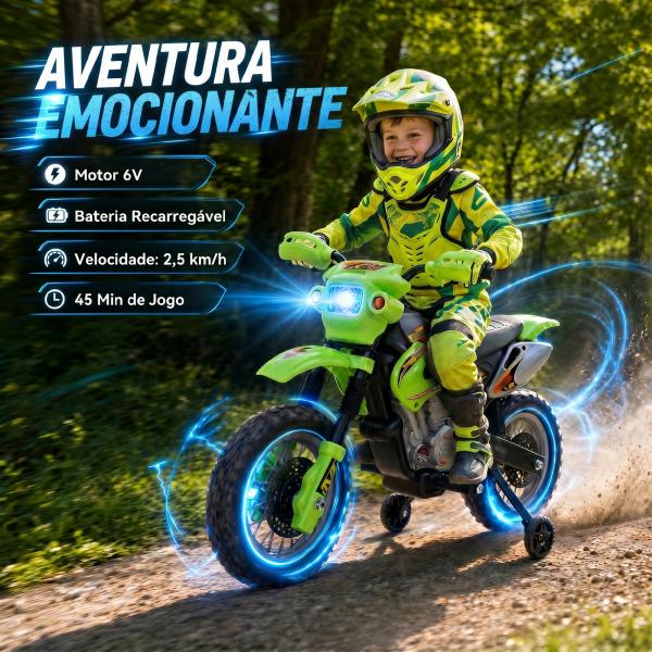 Mota Elétrica para Crianças 6V com Luzes e Música para Idades 3 - 6 Anos Verde