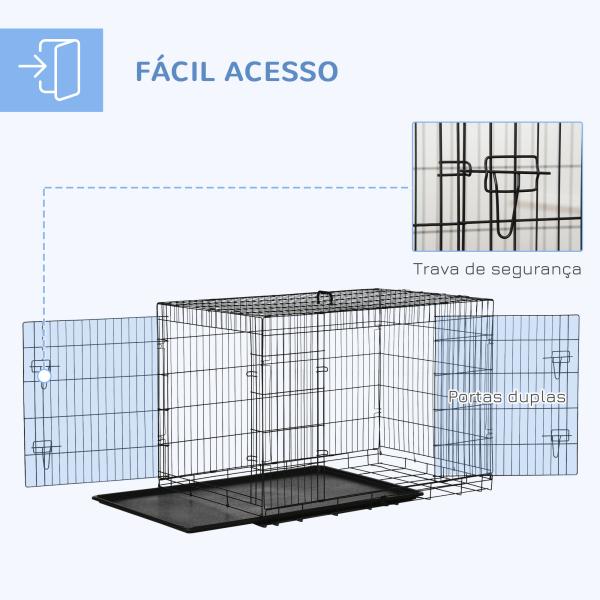 Gaiola para Cães com 2 Portas Gaiola para Animais de Estimação de Arame Dobrável com Alça de Transporte Aço 121x74,5x81cm Preto