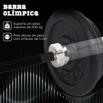 Barra de Pesos de Aço180 cm Ø50 mm com 2 Grampos Carga 200 kg Barra Olimpica para Discos de Ø5 cm Prata e Preto