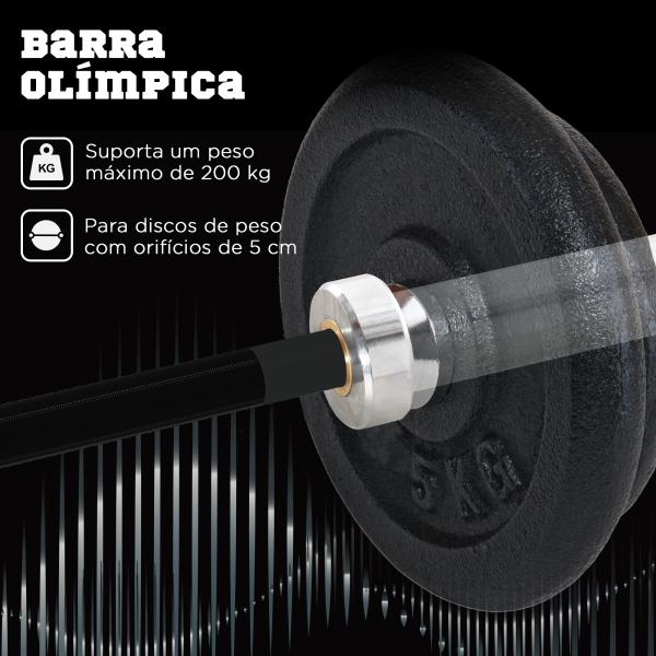 Barra de Pesos de Aço180 cm Ø50 mm com 2 Grampos Carga 200 kg Barra Olimpica para Discos de Ø5 cm Prata e Preto