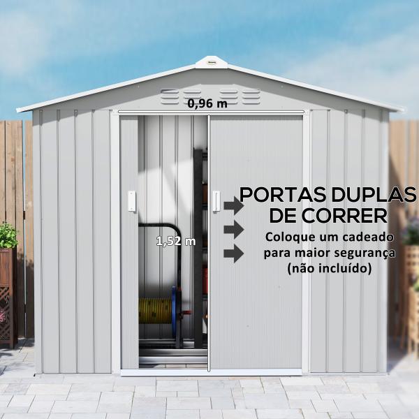 Abrigo de Jardim 2,42 m 213x130x185 cm Abrigo de Jardim Metálico para Armazenamento com 2 Portas Deslizantes e 4 Janelas Cinza Claro