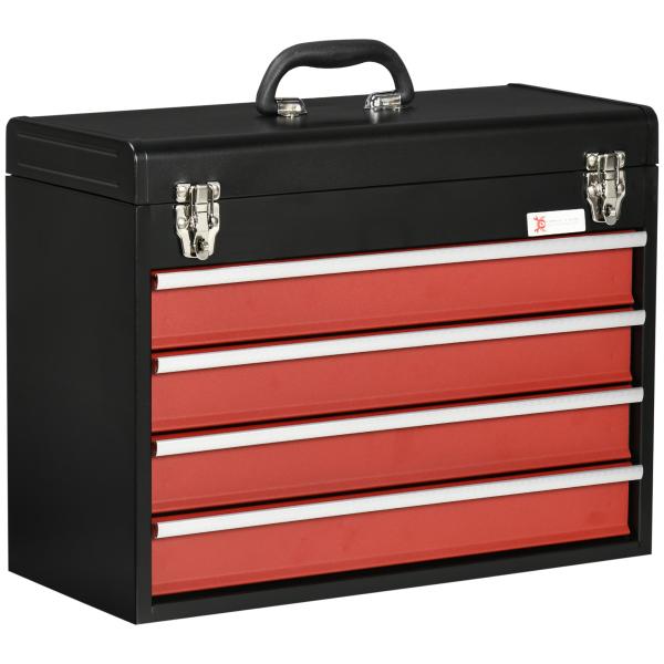 Caixa de Ferramentas de Aço com 4 Gavetas Fechaduras Metálicas Mala de Ferramentas Portátil 51x22x39,5 Preto e Vermelho