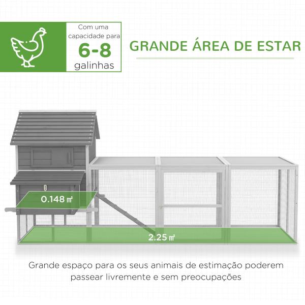 Galinheiro Grande de Madeira para 4 - 6 galinhas com Casa Principal Ninhos Área Aberta de 2,25 ㎡ 310,5x149,5x149 cm Cinza