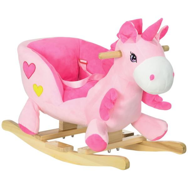 Cavalo Baloiço para Bebés Baloiço em Forma de Unicornio com Música Cinto de Segurança e Apoio para os Pés 65x35x45 cm Rosa