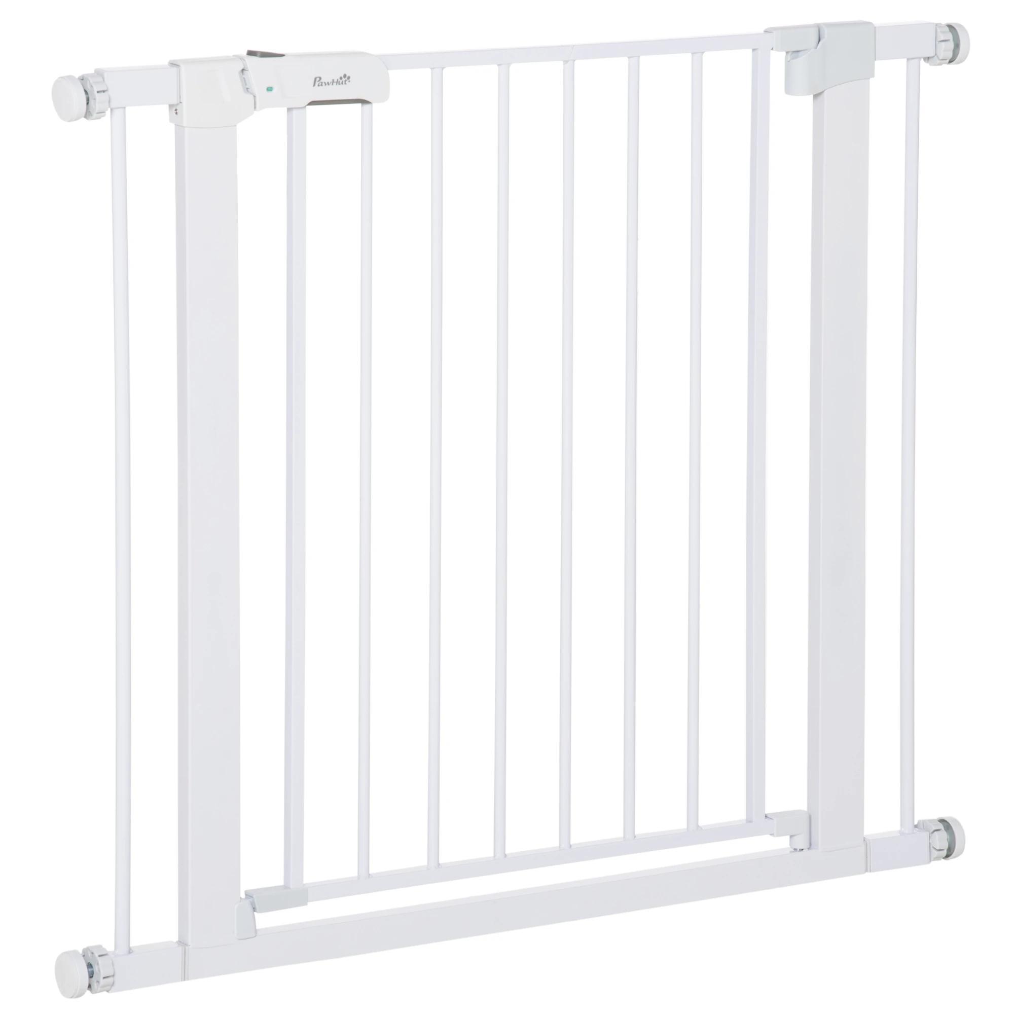 Barreira de Segurança para Cães Animais de Estimação 75 - 96cm para Escadas Portas e Corredores com Fechamento Automático Altura 76cm Branco