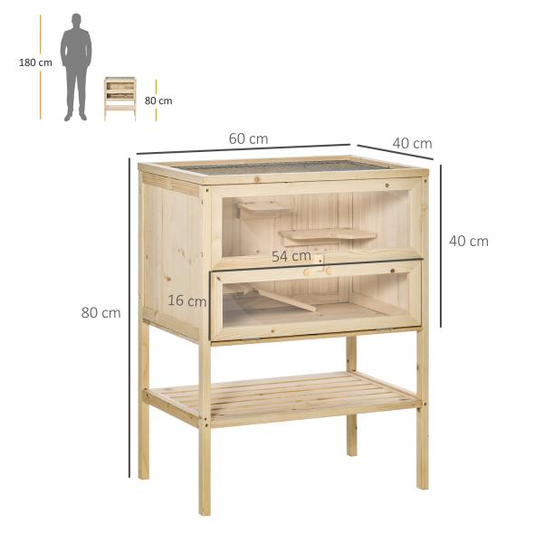 Gaiola de Madeira para Hamster com 5 Plataformas Rampa Dobrável Janela de Acrílico e Prateleira Inferior 60x40x80 cm Madeira Natural