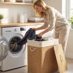 Cesto de Roupa com Tampa 100L de Bambu com 2 Compartimentos Bolsa Interior Amóvivel 52x32x63 cm Marrom e Creme