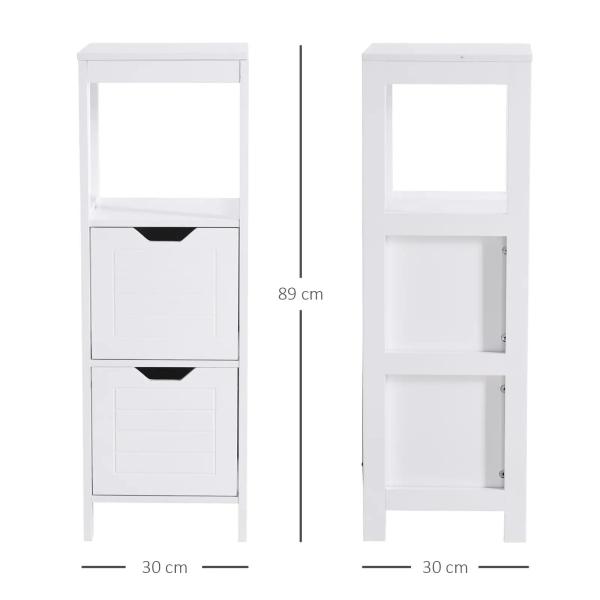 Armário de banheiro com prateleira aberta 2 gavetas 30x30x89 cm Branco