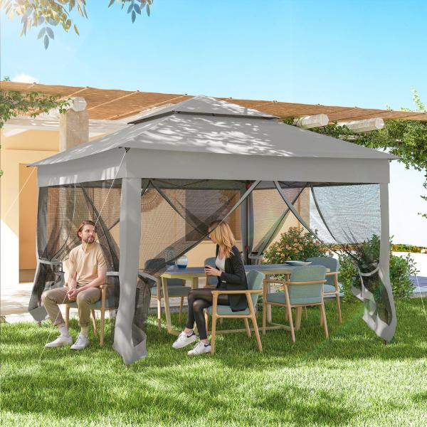 Tenda Dobrável Exterior 325x325x270 cm Tenda de Jardim com Teto Duplo Rede Mosquiteira Amovível e Bolsa de Transporte Cinzento