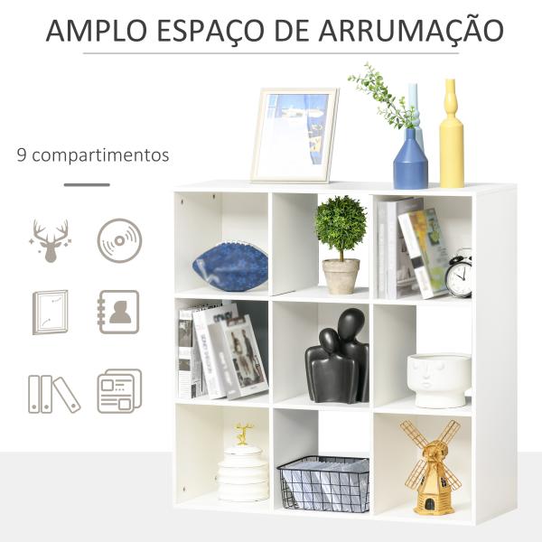 Estante para Livros de 3 Níveis Estante de Madeira com 9 Compartimentos Estante Modular 91,5x29,5x91,5 cm Branco