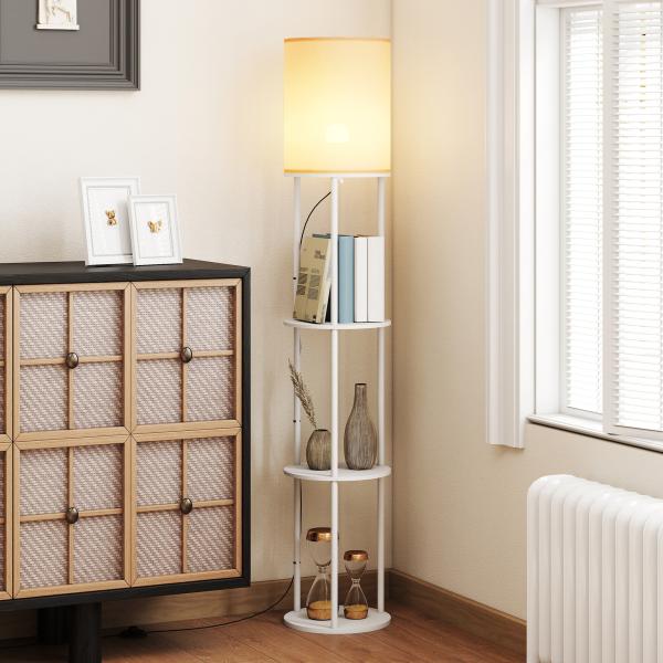 Candeeiro de Pé com Prateleiras 3 Temperaturas de Cor Controlo Remoto e Casquilho E27 Ø29x158 cm Branco