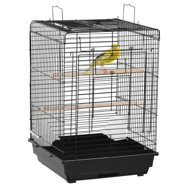 Gaiola para Pássaros com Teto Abatível 2 Poleiros 2 Comedouros e Bandeja Amovível para Canários Periquitos 40x40x59 cm Preto