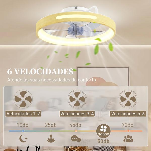 Ventilador de Teto com Luz LED 40 W Motor DC Reversível Comando 6 Velocidades 3 Cores Temporizador Madeira