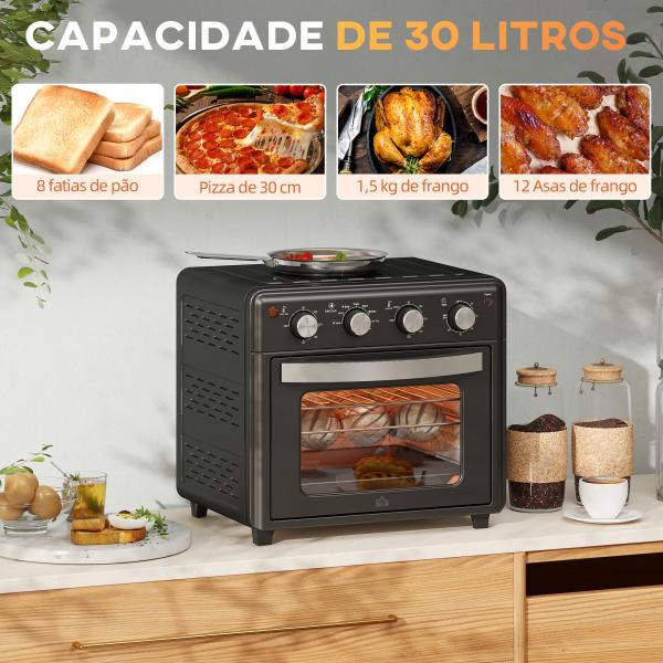 Mini Forno Elétrico 30L 1600W Mini Forno de Convecção com 7 Modos Temporizador e Temperatura Ajustável 43x39x39 cm Preto