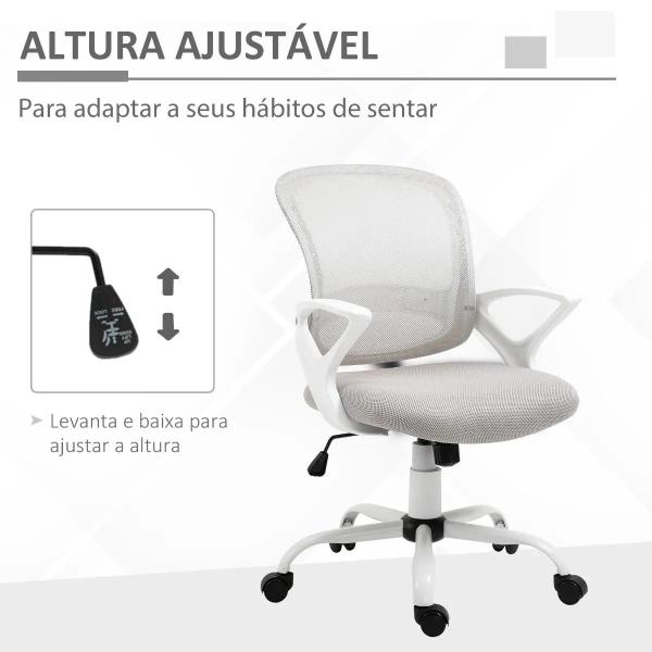 Cadeira de Oficina Ergonômica Basculante com Altura Ajustável Assento Giratório 360° Suporte Lombar e Malha Transpirável 61x61x89 - 99cm Cinza e Branco
