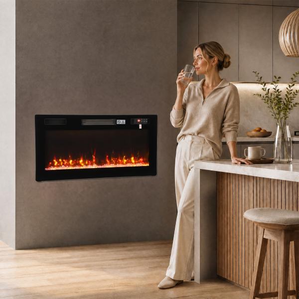 Lareira Elétrica Ultrafina 900/1800W Encastrável/De Parede/De Pé, 12 Cores de Chama 3D, Controlo Remoto, até 35 m², Preta