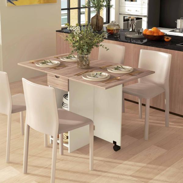 Mesa de Cozinha Dobrável com Rodas Laterais Rebatíveis Gaveta e Prateleiras para 2 - 4 Pessoas 120x72x75 cm Madeira Branco