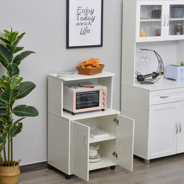 Armário Auxiliar para Micro - ondas Armário de Cozinha Baixo com Armário de 2 Portas e Prateleira Ajustável com Rodas Carga 70 kg 60,4x40,3x97 cm Branco