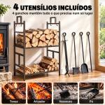 Suporte para Lenha de Ferro Forjado de 2 Níveis com 4 Ferramentas para Interior e Exterior 51,5x33x77 cm Preto e Dourado