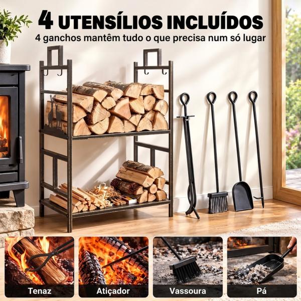 Suporte para Lenha de Ferro Forjado de 2 Níveis com 4 Ferramentas para Interior e Exterior 51,5x33x77 cm Preto e Dourado