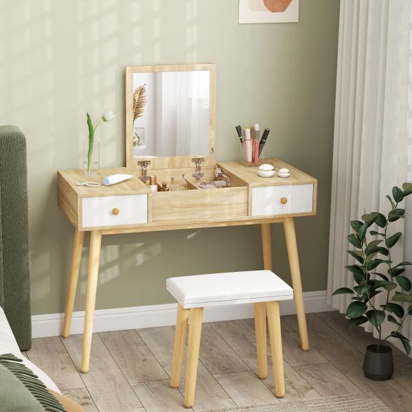 Toucador com Espelho Dobrável Mesa de Maquilhagem com Banco Compartimentos e Gavetas 100x45x118cm Madeira e Branco
