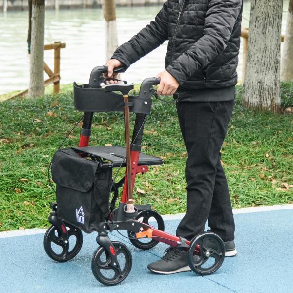 Andarilho para Idosos Dobrável em Alumínio com Assento 4 Rodas Altura Ajustável Travões de Mão Vermelho e Preto