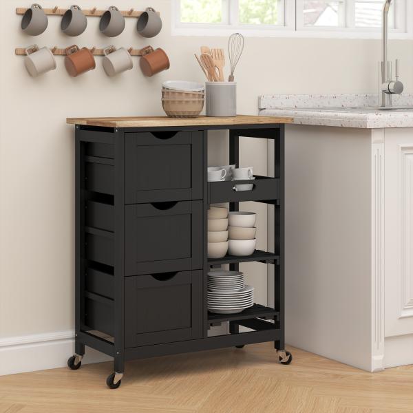 Carrinho de Cozinha com Rodas com 3 Gavetas 2 Prateleiras Abertas e Bandeja 67x37x85,5 cm Preto
