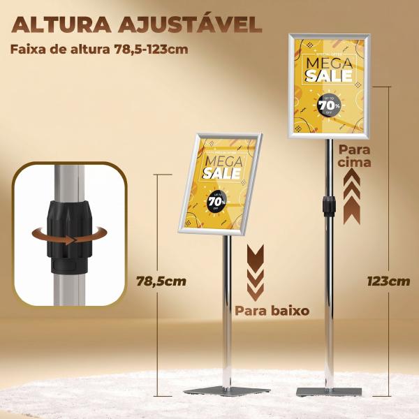 Suporte para Cartazes A3 Altura Ajustável, Giratório 360° Moldura de Alumínio e Aço Inoxidável Prata