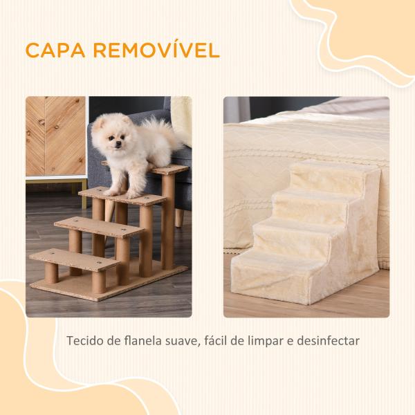 Escada para Animais de Estimação com 4 Degraus 2 em 1 com Capa Removível e Lavável Escada 60x35x44 cm Bege