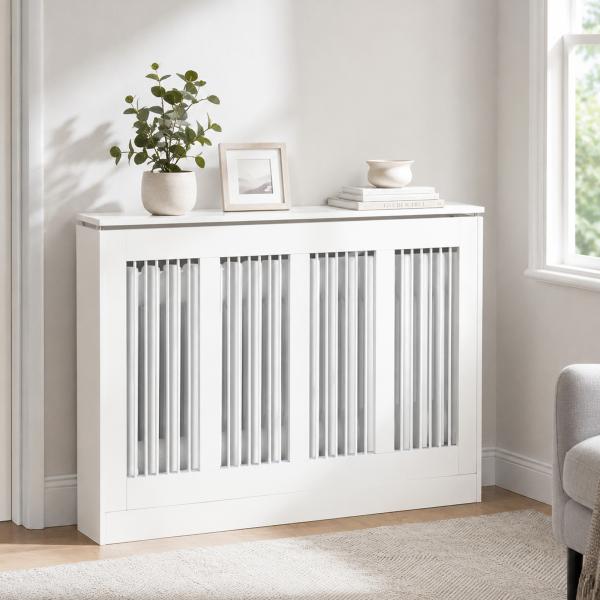Cobertura para Radiador em MDF com Ripas e Prateleira para Sala e Quarto 120x18x84 cm Branco