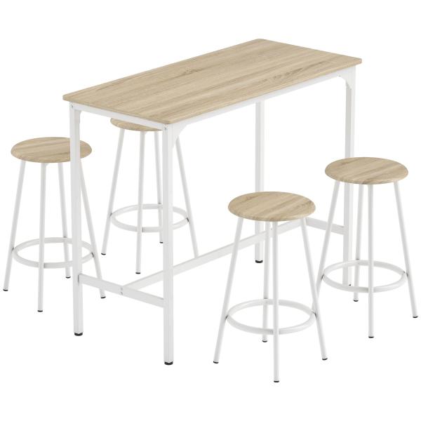 Conjunto de Móveis Altos de Bar com 5 Peças Mesa de Refeição Industrial e 4 Bancos Redondos Madeira e Branco
