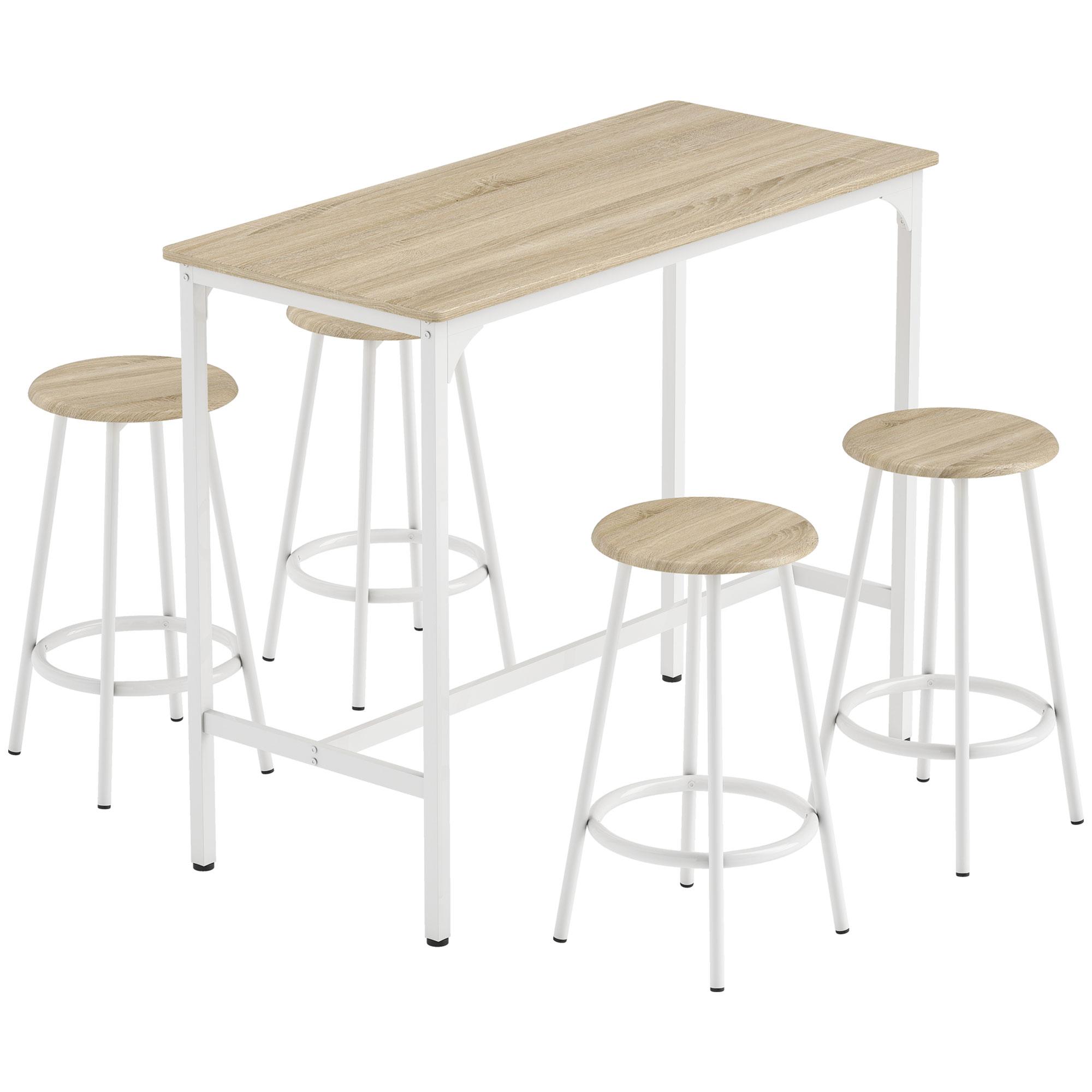 Conjunto de Móveis Altos de Bar com 5 Peças Mesa de Refeição Industrial e 4 Bancos Redondos Madeira e Branco