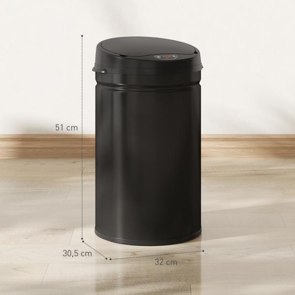 Balde de Lixo de Cozinha Automático 30 L em Aço Inoxidável Sensor Infravermelhos Fecho Automático 32x30,5x51 cm Preto