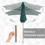 Chapéu de Sol Ø250x230cm Chapéu de Sol com Mastro de Madeira com 6 Hastes Sistema de Polia com Fixação para Jardim Pátio Terraço Verde