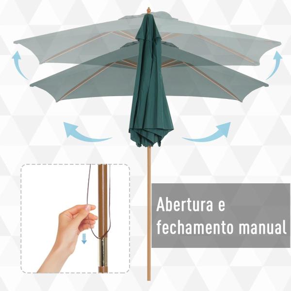 Chapéu de Sol Ø250x230cm Chapéu de Sol com Mastro de Madeira com 6 Hastes Sistema de Polia com Fixação para Jardim Pátio Terraço Verde