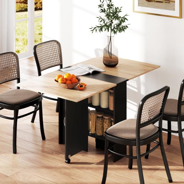 Mesa de Cozinha Dobrável Mesa de Madeira com 2 Prateleiras de Armazenamento e Rodas 75x140x74 cm Preto e Madeira