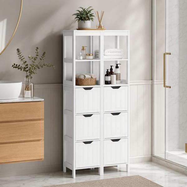 Armário Casa de Banho Estreito com 3 Gavetas e 2 Prateleiras Abertas Estilo Moderno 30x30x141,6 cm Branco