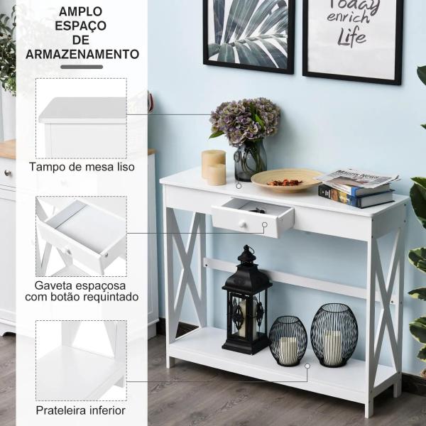 Mesa Consola Clássica com 1 Gaveta e 1 Prateleira de Armazenamento para a Entrada Mesa Auxiliar Sala de Estar Estilo Elegante 100x30x81cm Branco