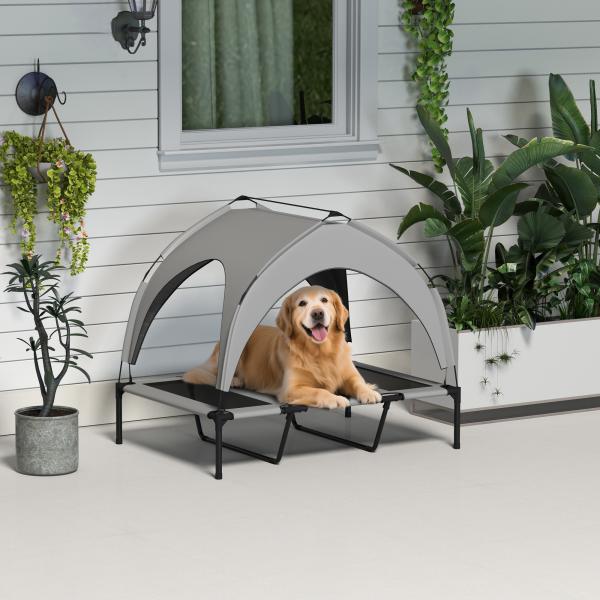 Cama Elevada para Cães com Toldo Estrutura de Aço e Bolsa de Transporte para Interior e Exterior 106x76x94 cm Cinzento Claro