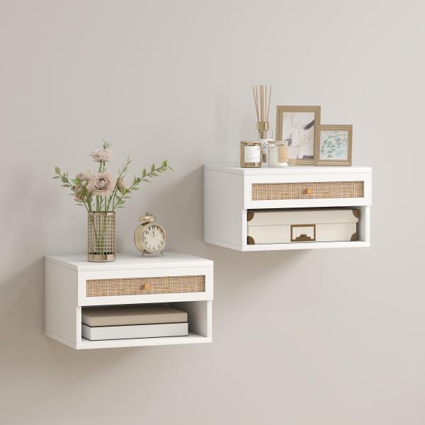 Conjunto de 2 Mesas de Cabeceiras Suspensas com Compartimento Aberto e Gaveta com Frente em Vime 40x34x23 cm Branco