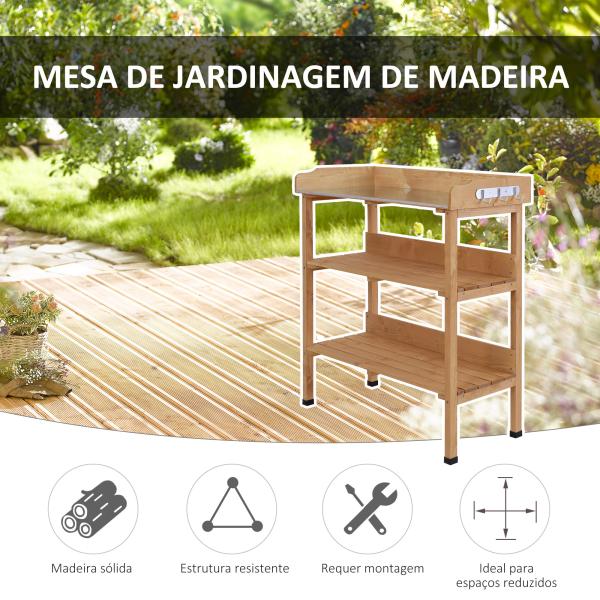 Mesa de Plantação em Madeira de 3 Níveis Mesa de Jardinagem com Placa Metálica 2 Prateleiras e Ganchos 76x37x89 cm Madeira