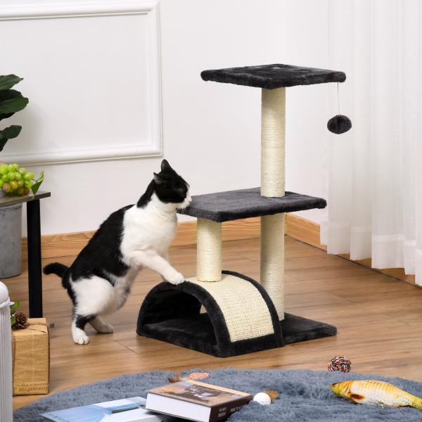 Arranhador para Gatos Médio de 3 Níveis com Postes de Sisal Placa para Arranhar e Bola Suspensa 40x35x72 cm Cinzento Escuro