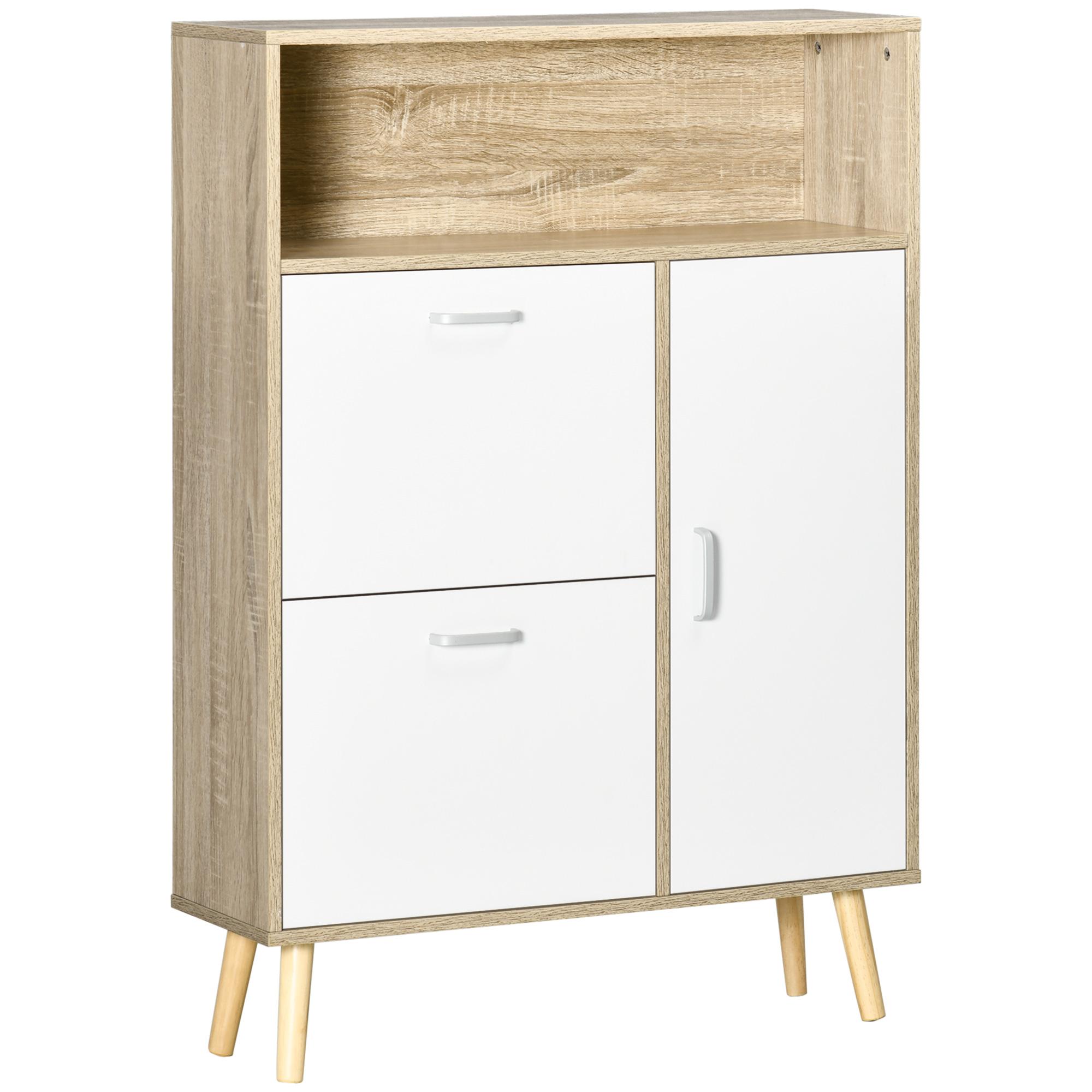 Sapateira para 8 Pares de Sapatos com 2 Gavetas Prateleira Aberta e Porta 80x25,5x112,5cm Madeira e Branco