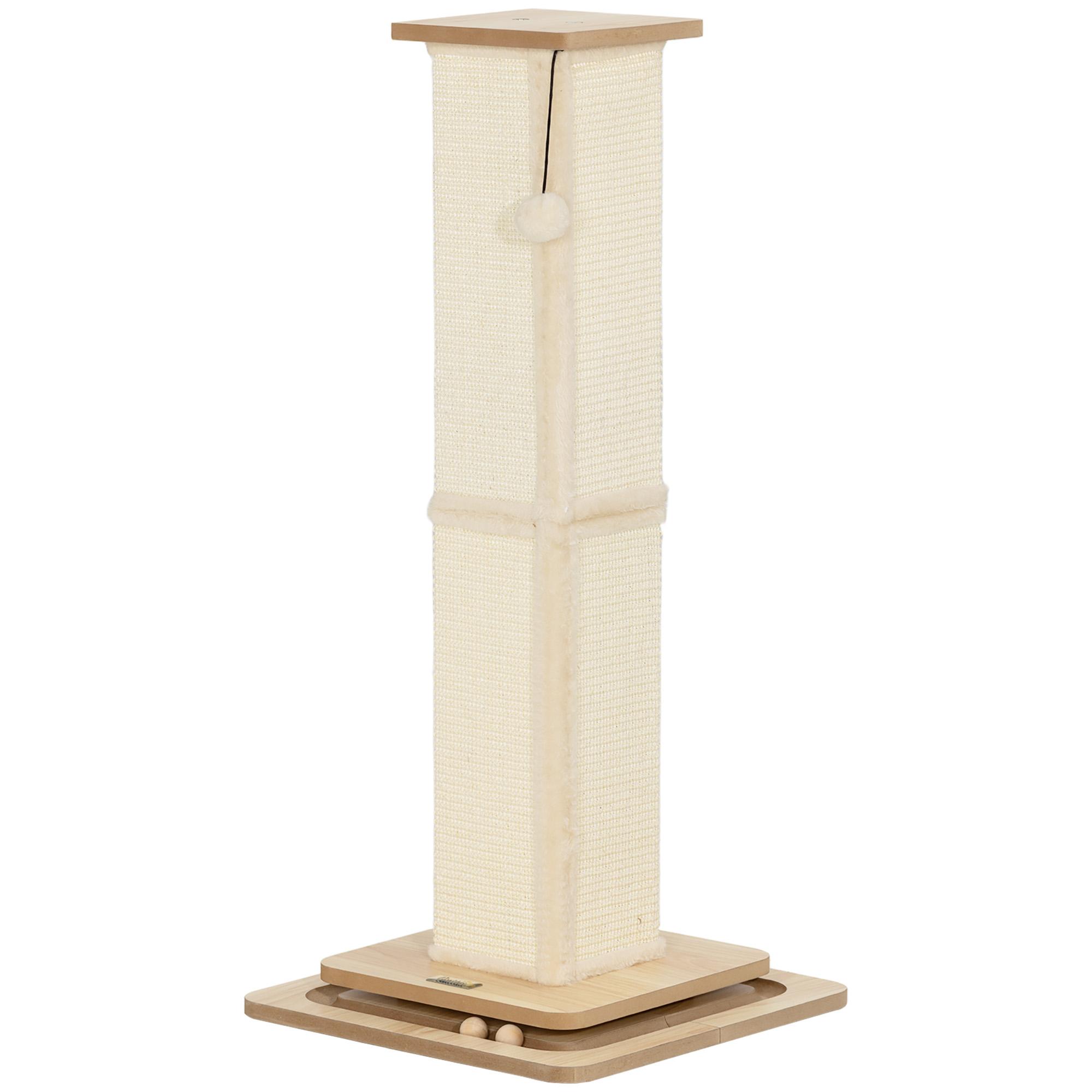 Poste Arranhador para Gatos 87 cm Arranhador para Gatos com Bola Suspensa Trilho com Bola e Poste de Sisal Bege e Madeira